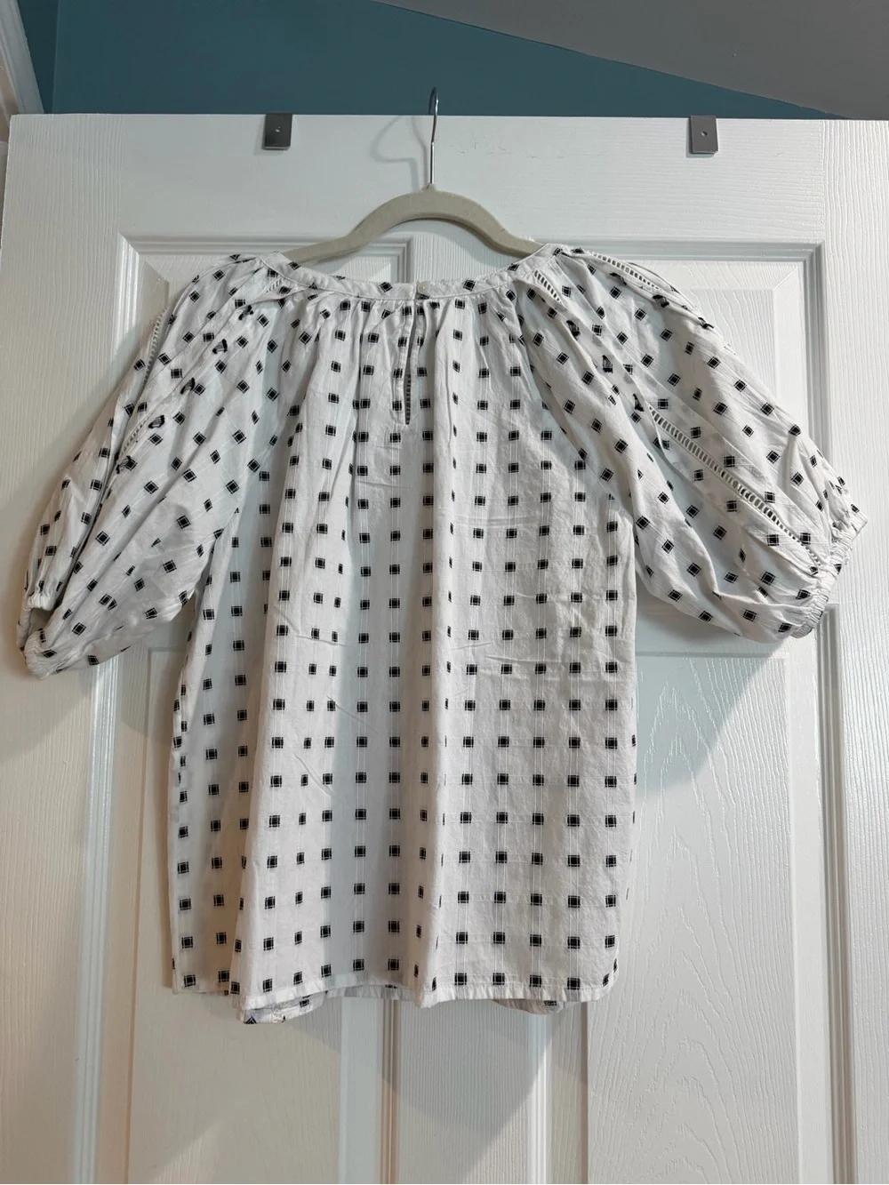 LOFT White Peasant Blouse with Black Square Print